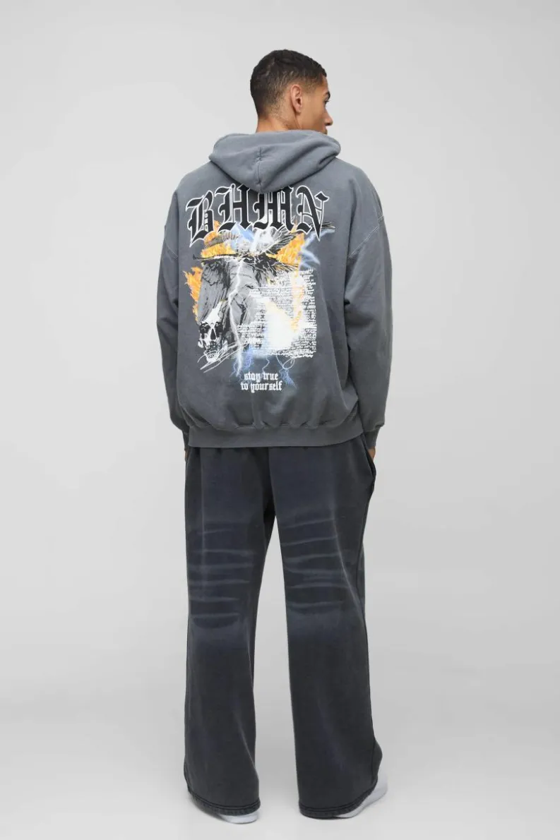 Shop boohooMAN Oversized BHMN Gothic Bird Large Graphic Washed Hoodie charcoal