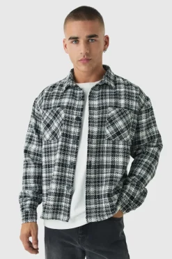 Clearance boohooMAN Oversized Boucle Check Overshirt black