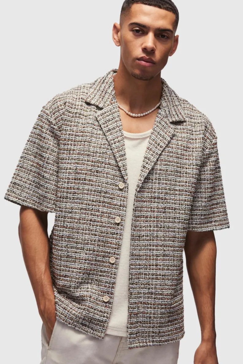 Hot boohooMAN Oversized Boucle Dropped Revere Shirt stone
