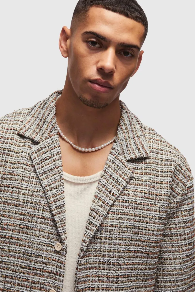 Hot boohooMAN Oversized Boucle Dropped Revere Shirt stone
