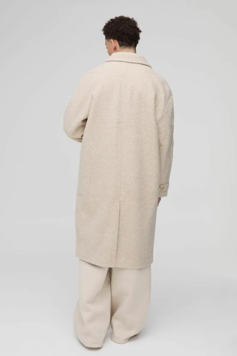 Store boohooMAN Oversized Boucle Overcoat In ecru