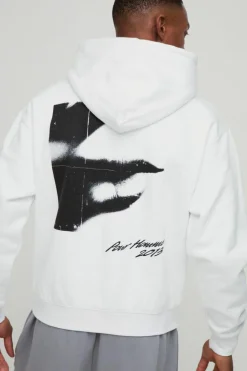Sale boohooMAN Oversized Boxy Abstract Box Graphic Hoodie white