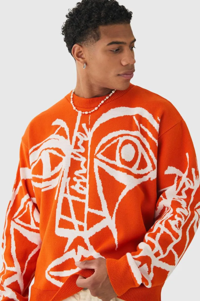Cheap boohooMAN Oversized Boxy Abstract Line Face Knitted Jumper orange