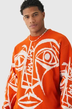 Cheap boohooMAN Oversized Boxy Abstract Line Face Knitted Jumper orange