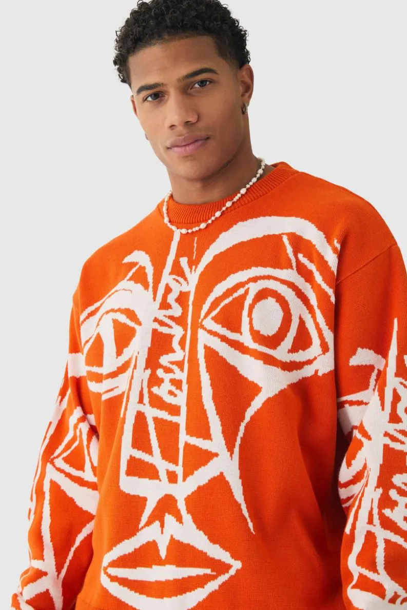 Cheap boohooMAN Oversized Boxy Abstract Line Face Knitted Jumper orange