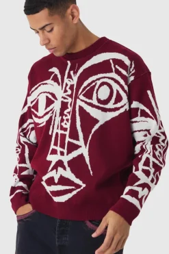 Online boohooMAN Oversized Boxy Abstract Line Face Knitted Jumper burgundy