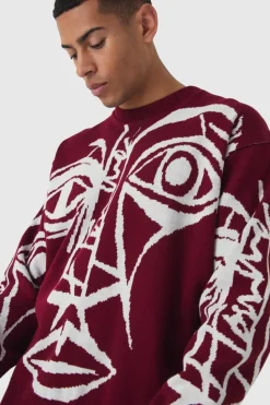 Online boohooMAN Oversized Boxy Abstract Line Face Knitted Jumper burgundy