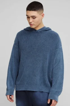 Flash Sale boohooMAN Oversized Boxy Acid Wash Knitted Hoodie blue