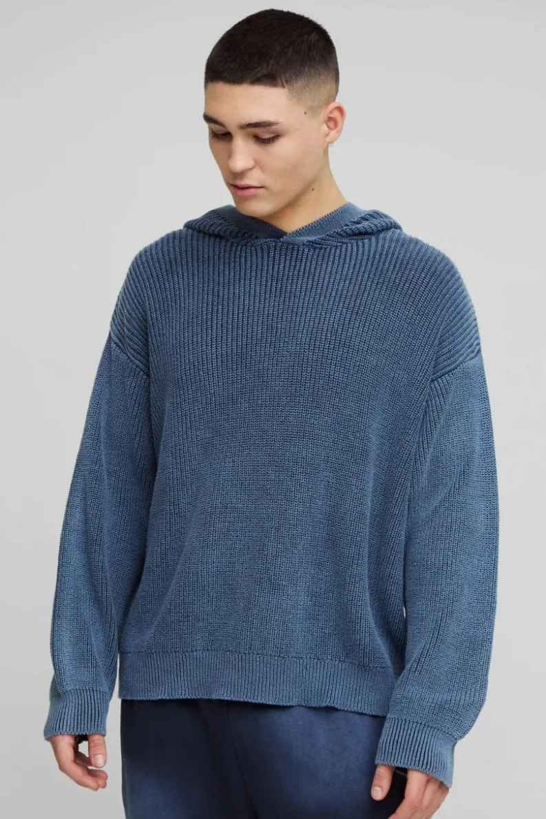 Flash Sale boohooMAN Oversized Boxy Acid Wash Knitted Hoodie blue