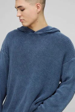 Flash Sale boohooMAN Oversized Boxy Acid Wash Knitted Hoodie blue
