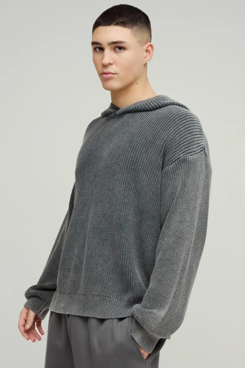 Flash Sale boohooMAN Oversized Boxy Acid Wash Knitted Hoodie charcoal