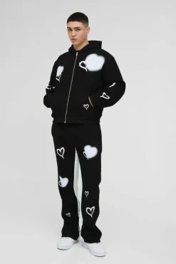 Cheap boohooMAN Oversized Boxy All Over Heart Printed Zip Through Hooded Tracksuit black