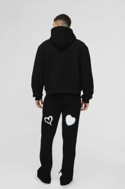 Cheap boohooMAN Oversized Boxy All Over Heart Printed Zip Through Hooded Tracksuit black