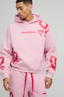 Clearance boohooMAN Oversized Boxy All Over Heart Printed Hooded Tracksuit pink