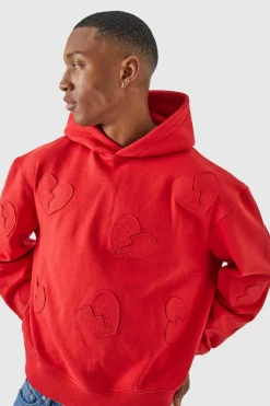 Best Sale boohooMAN Oversized Boxy All Over Heart Applique Hoodie red