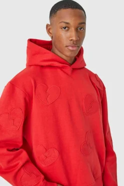 Best Sale boohooMAN Oversized Boxy All Over Heart Applique Hoodie red