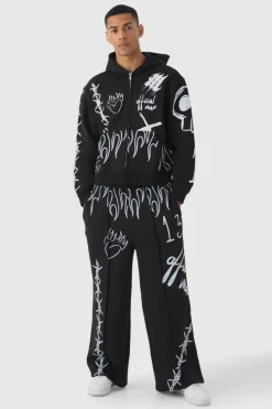 Fashion boohooMAN Oversized Boxy All Over Print Graffiti Zip Through Tracksuit black