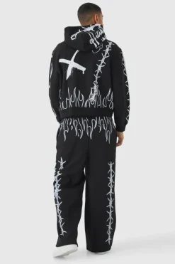 Fashion boohooMAN Oversized Boxy All Over Print Graffiti Zip Through Tracksuit black