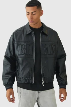 Online boohooMAN Oversized Boxy Badge PU Bomber Jacket black