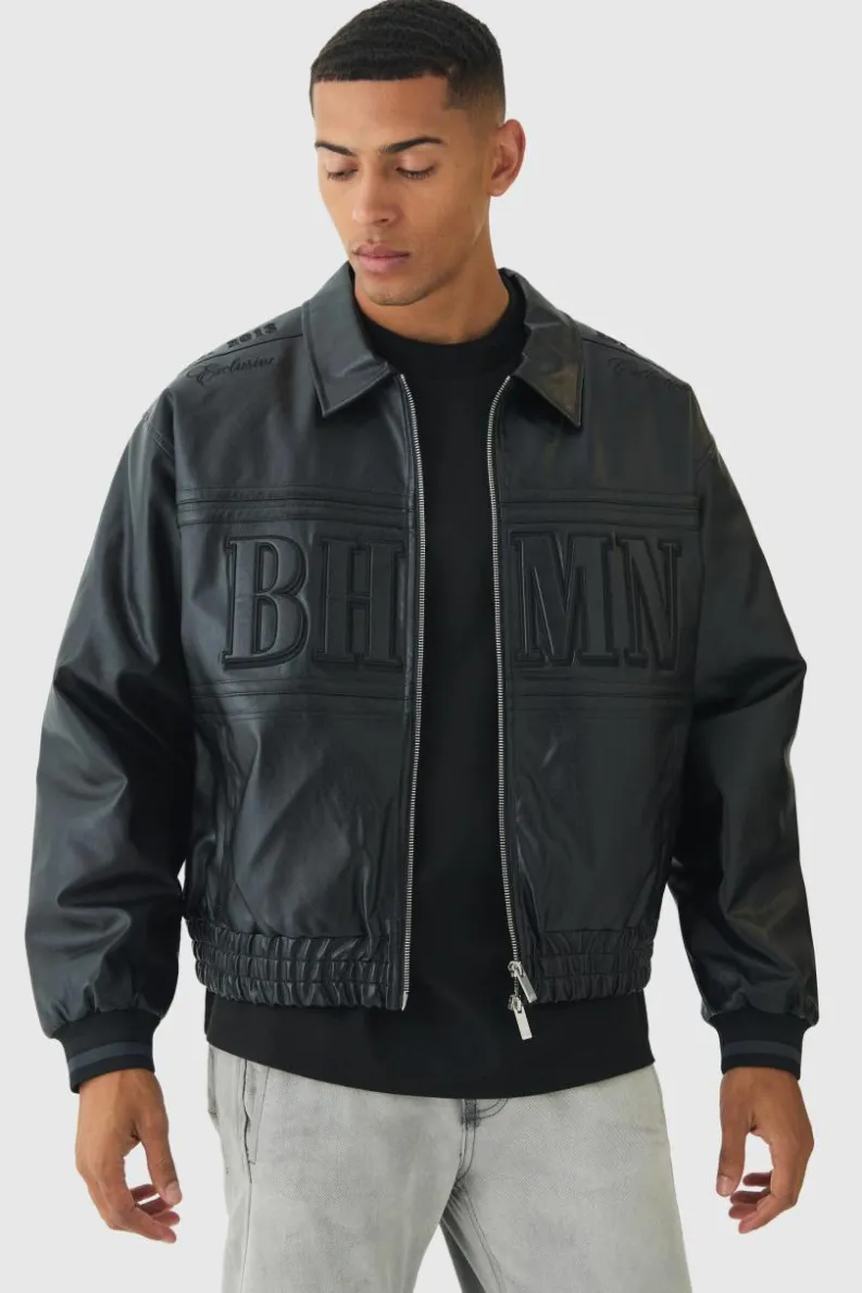 Online boohooMAN Oversized Boxy Badge PU Bomber Jacket black