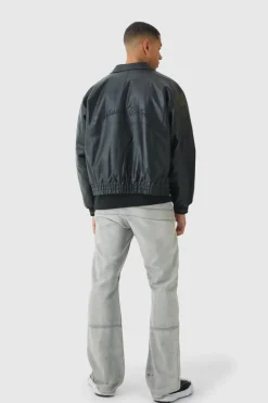 Online boohooMAN Oversized Boxy Badge PU Bomber Jacket black