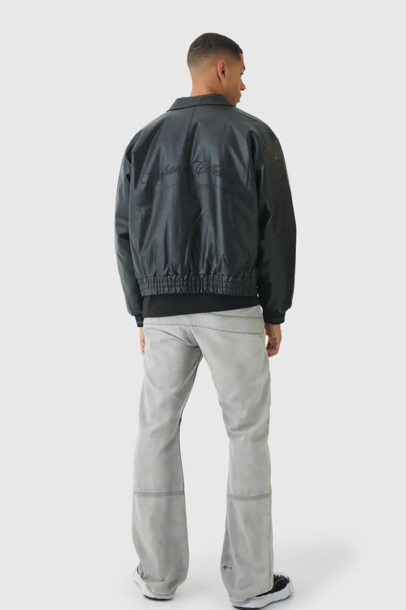 Online boohooMAN Oversized Boxy Badge PU Bomber Jacket black