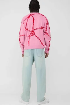 Cheap boohooMAN Oversized Boxy Barbed Wire Jacquard Knitted Jumper pink