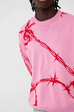 Cheap boohooMAN Oversized Boxy Barbed Wire Jacquard Knitted Jumper pink