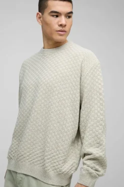 Hot boohooMAN Oversized Boxy Basket Knitted Crew Jumper stone