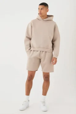 Cheap boohooMAN Oversized Boxy Bonded Scuba Hooded Short Tracksuit taupe