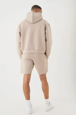 Cheap boohooMAN Oversized Boxy Bonded Scuba Hooded Short Tracksuit taupe