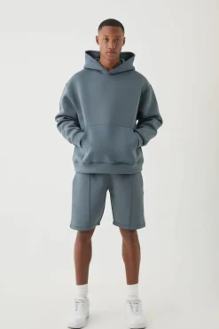 Flash Sale boohooMAN Oversized Boxy Bonded Scuba Hooded Short Tracksuit slate blue