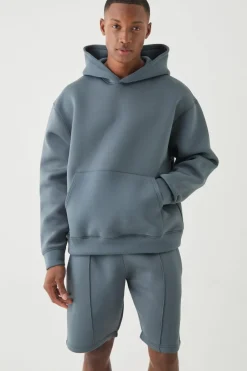 Flash Sale boohooMAN Oversized Boxy Bonded Scuba Hooded Short Tracksuit slate blue