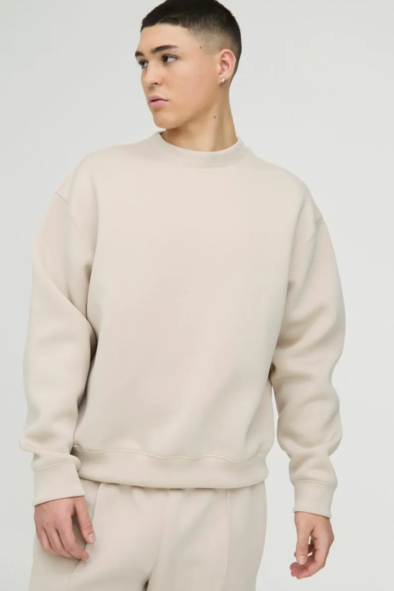Sale boohooMAN Oversized Boxy Bonded Scuba Sweatshirt stone