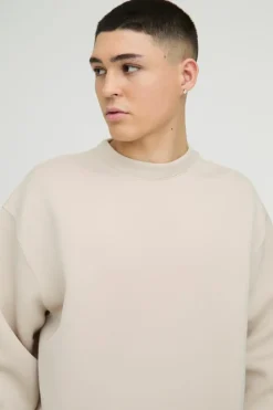Sale boohooMAN Oversized Boxy Bonded Scuba Sweatshirt stone
