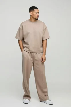 Best boohooMAN Oversized Boxy Bonded Scuba T-Shirt & Stacked Jogger Tracksuit taupe