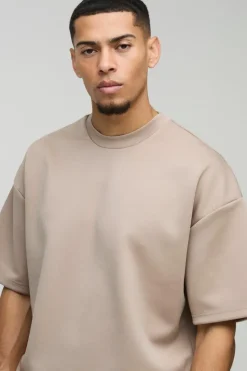 Best boohooMAN Oversized Boxy Bonded Scuba T-Shirt & Stacked Jogger Tracksuit taupe
