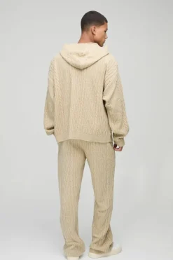 Hot boohooMAN Oversized Boxy Boucle Mixed Cable Knitted Hooded Tracksuit stone