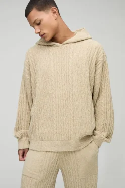 Hot boohooMAN Oversized Boxy Boucle Mixed Cable Knitted Hooded Tracksuit stone