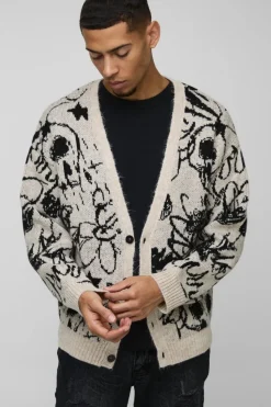 Online boohooMAN Oversized Boxy Brushed All Over Jacquard knitted Cardigan ecru