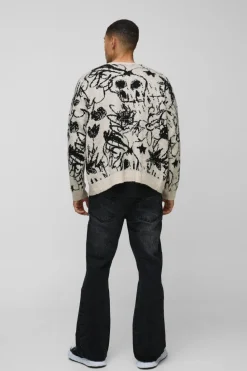Online boohooMAN Oversized Boxy Brushed All Over Jacquard knitted Cardigan ecru