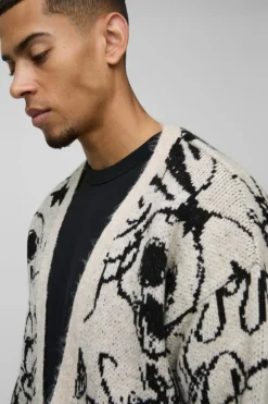 Online boohooMAN Oversized Boxy Brushed All Over Jacquard knitted Cardigan ecru