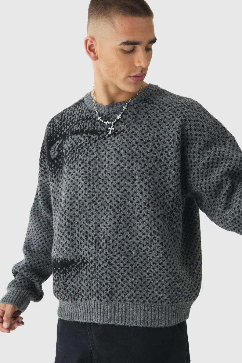 Hot boohooMAN Oversized Boxy Brushed Face All Over Jacquard Jumper charcoal