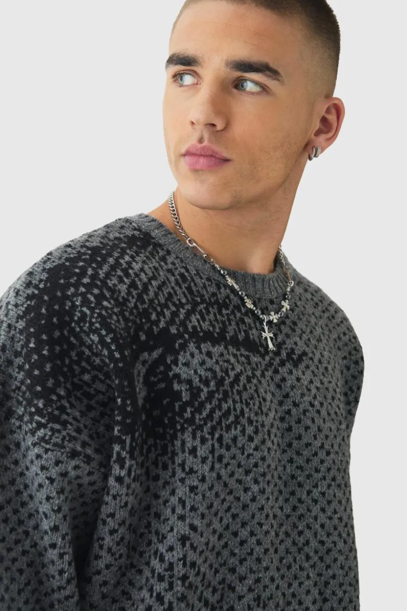 Hot boohooMAN Oversized Boxy Brushed Face All Over Jacquard Jumper charcoal