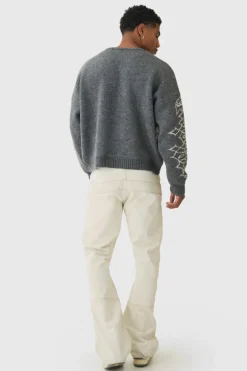 Discount boohooMAN Oversized Boxy Brushed Mono Renaissance Knitted Jumper charcoal