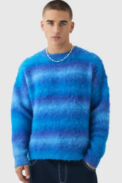 Online boohooMAN Oversized Boxy Brushed Ombre Knitted Jumper cobalt
