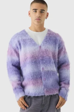 Best boohooMAN Oversized Boxy Brushed Ombre Stripe Knitted Cardigan purple