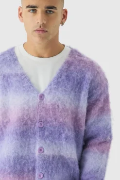 Best boohooMAN Oversized Boxy Brushed Ombre Stripe Knitted Cardigan purple