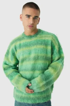 Store boohooMAN Oversized Boxy Brushed Ombre Stripe Knitted Jumper green