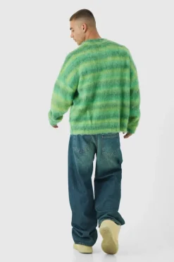 Store boohooMAN Oversized Boxy Brushed Ombre Stripe Knitted Jumper green